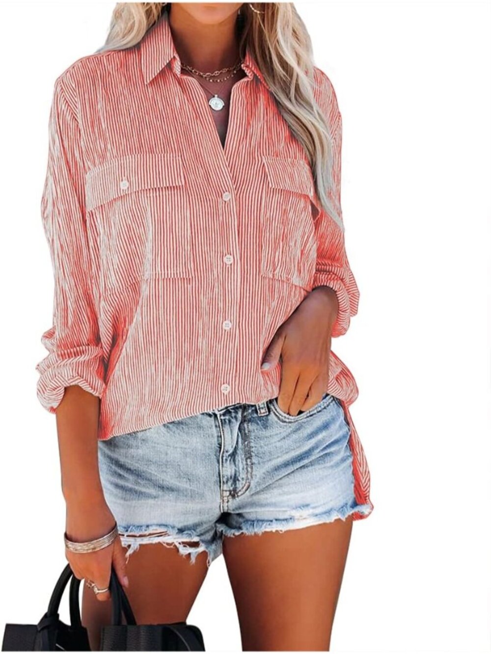 🆕Women's Pinstripe Red Long Sleeve Button Down V Neck Casual Blouses Shirts